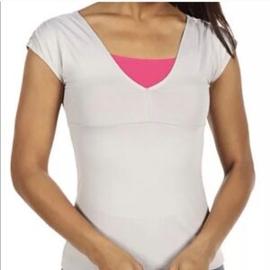 Patagonia Morning Glory Top Light Grey Gray Hot Pink Medium Cap Sleeve V Neck
